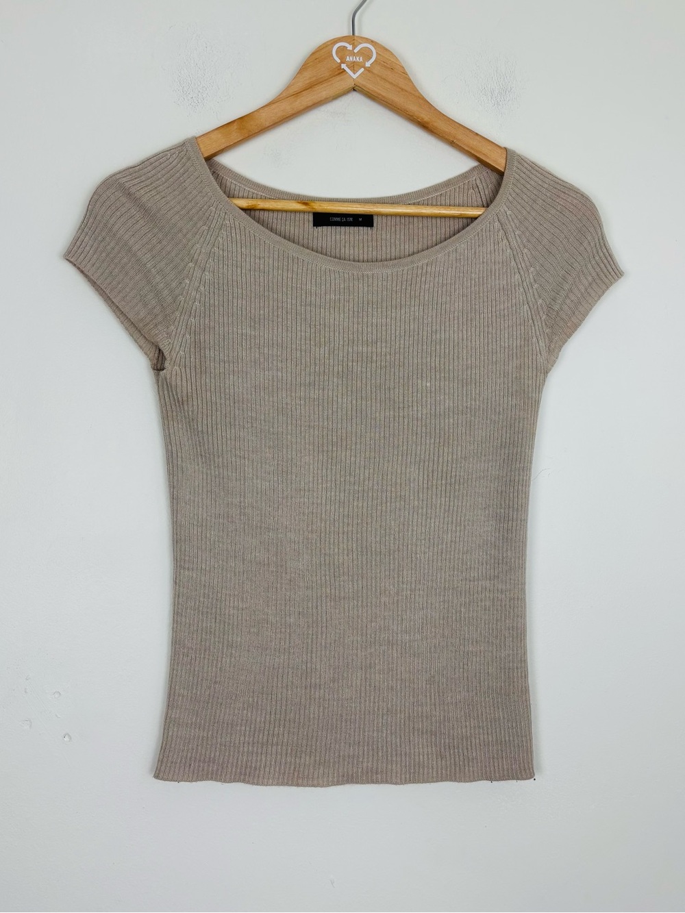 Comme ca ism Japanese minimalist tan short sleeved ribbed wool blend sweater. M